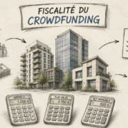 Sketch titled 'Fiscalité du Crowdfunding' featuring a central building complex, investors with ideas, money, a taxes checklist, a pie chart, and calculators labeled intérêts, plus-value, and net imposable.