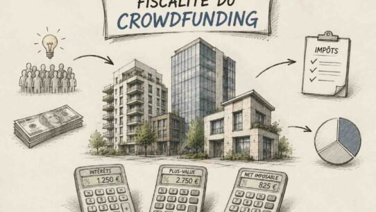 Sketch titled 'Fiscalité du Crowdfunding' featuring a central building complex, investors with ideas, money, a taxes checklist, a pie chart, and calculators labeled intérêts, plus-value, and net imposable.