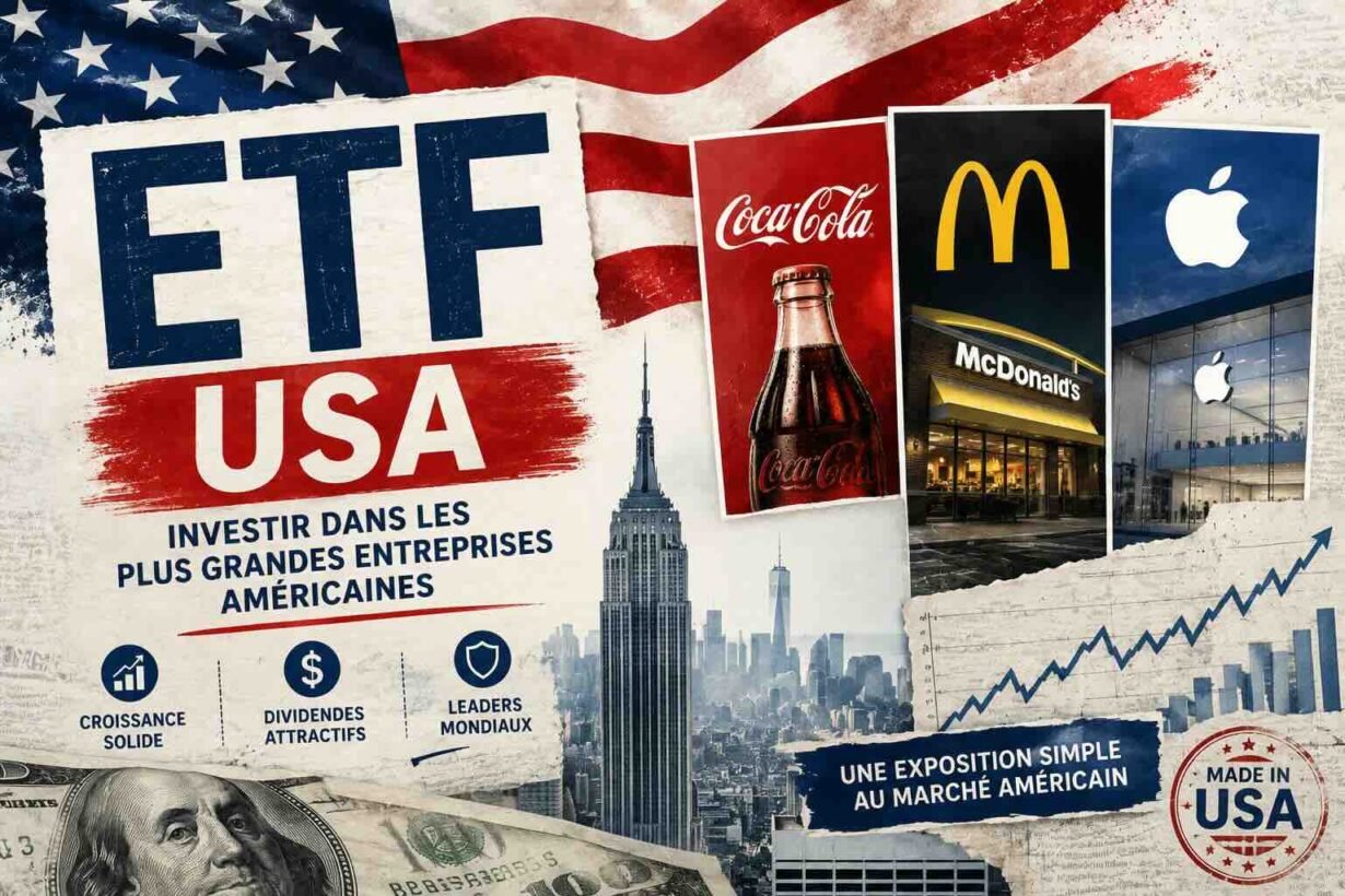 Promotional collage about investing in U.S. firms, showing Coca‑Cola, McDonald’s, Apple logos, and a rising chart.